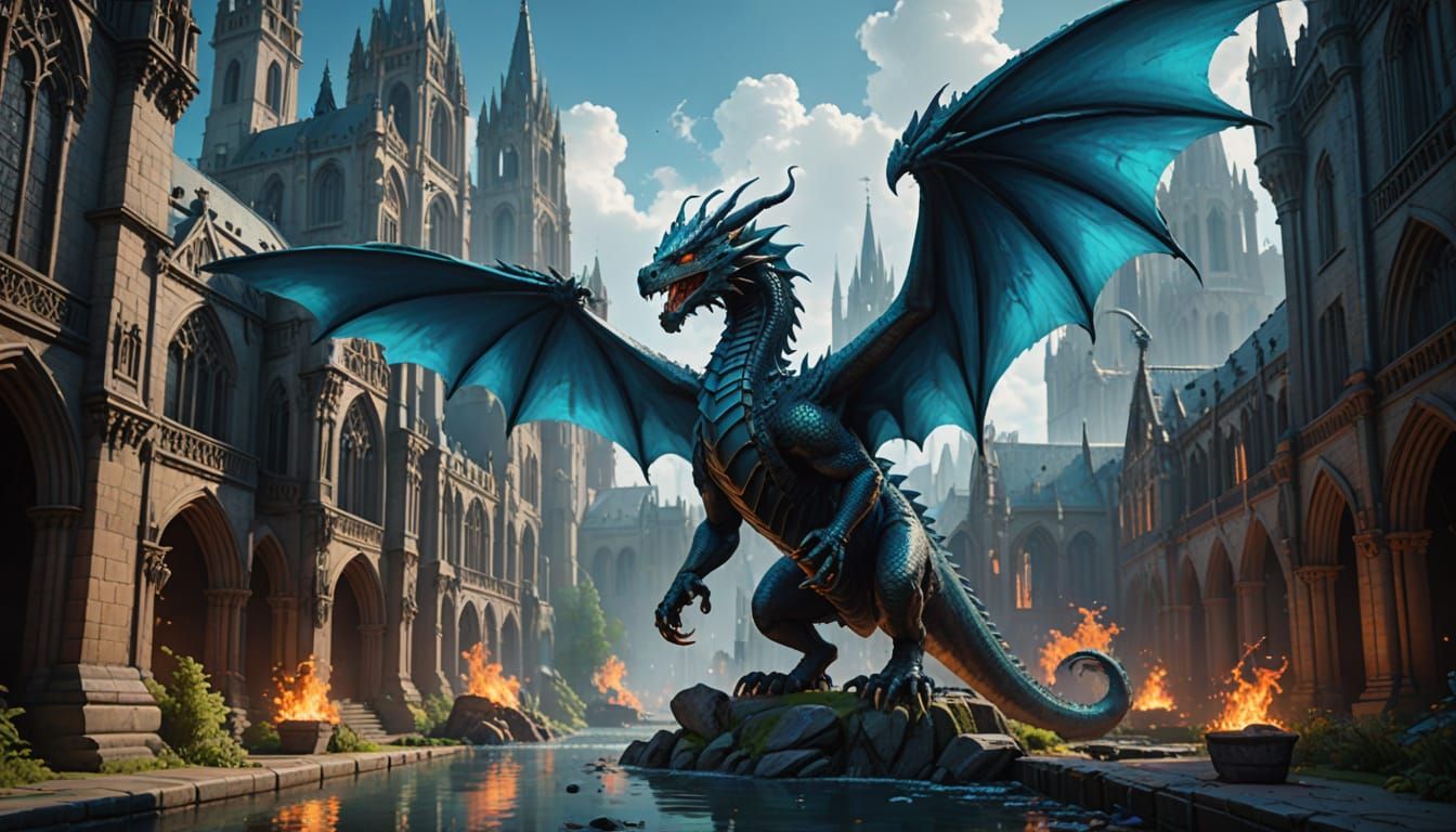 Chrome Dragon Over Cyberpunk City in Gouache Style