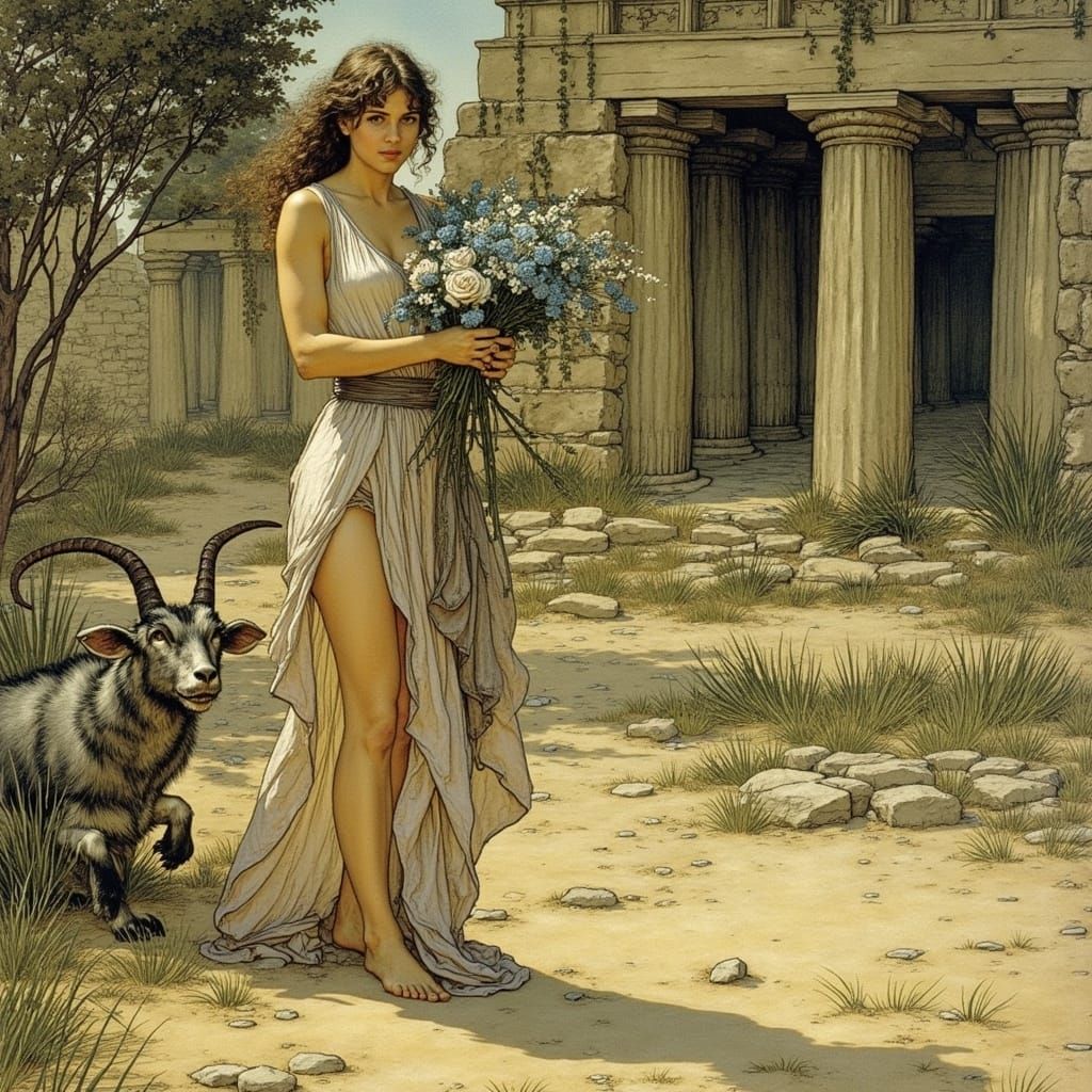 Greek Girl Gathering Flowers by Temple Ruins