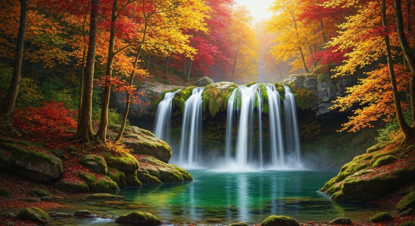 Vibrant Autumn Waterfall Serenity in Painterly Style