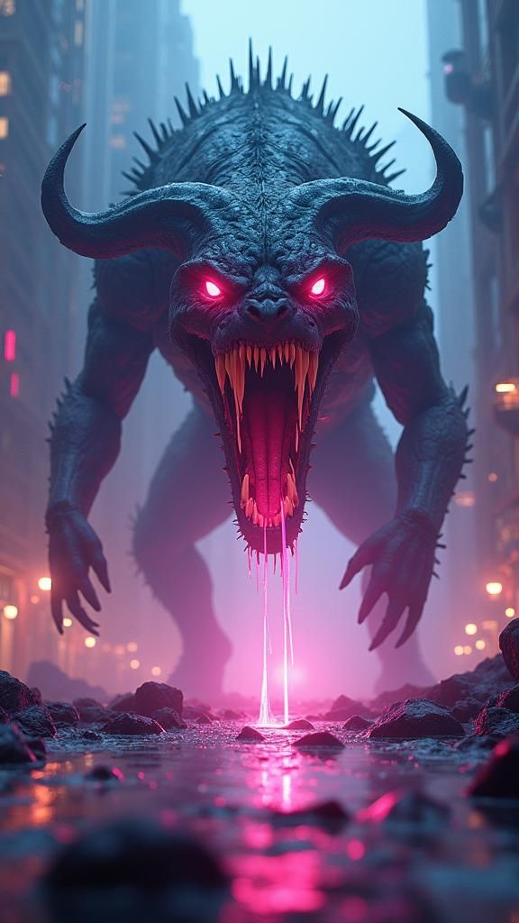 Monster Tearing Through a Neon Cityscape
