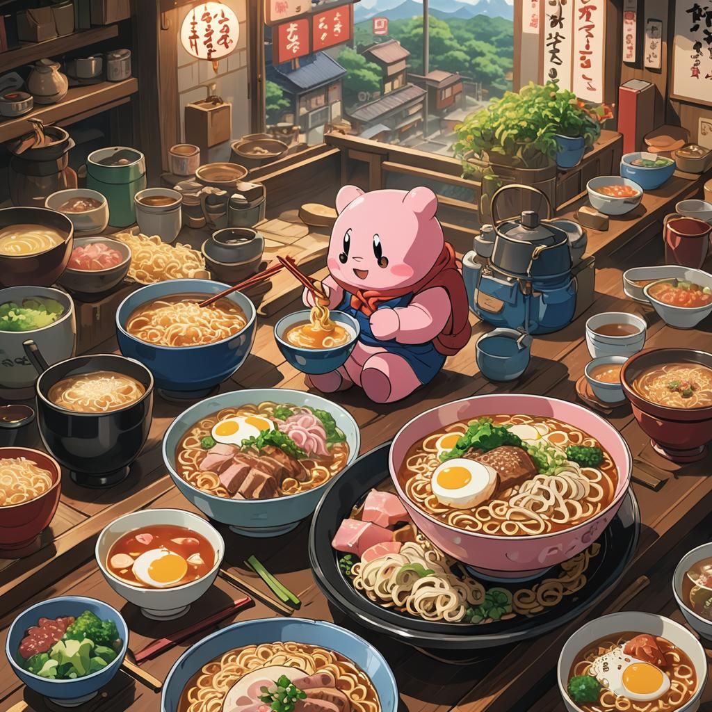 Kirby Eats Ramen in Japan: Studio Ghibli Style