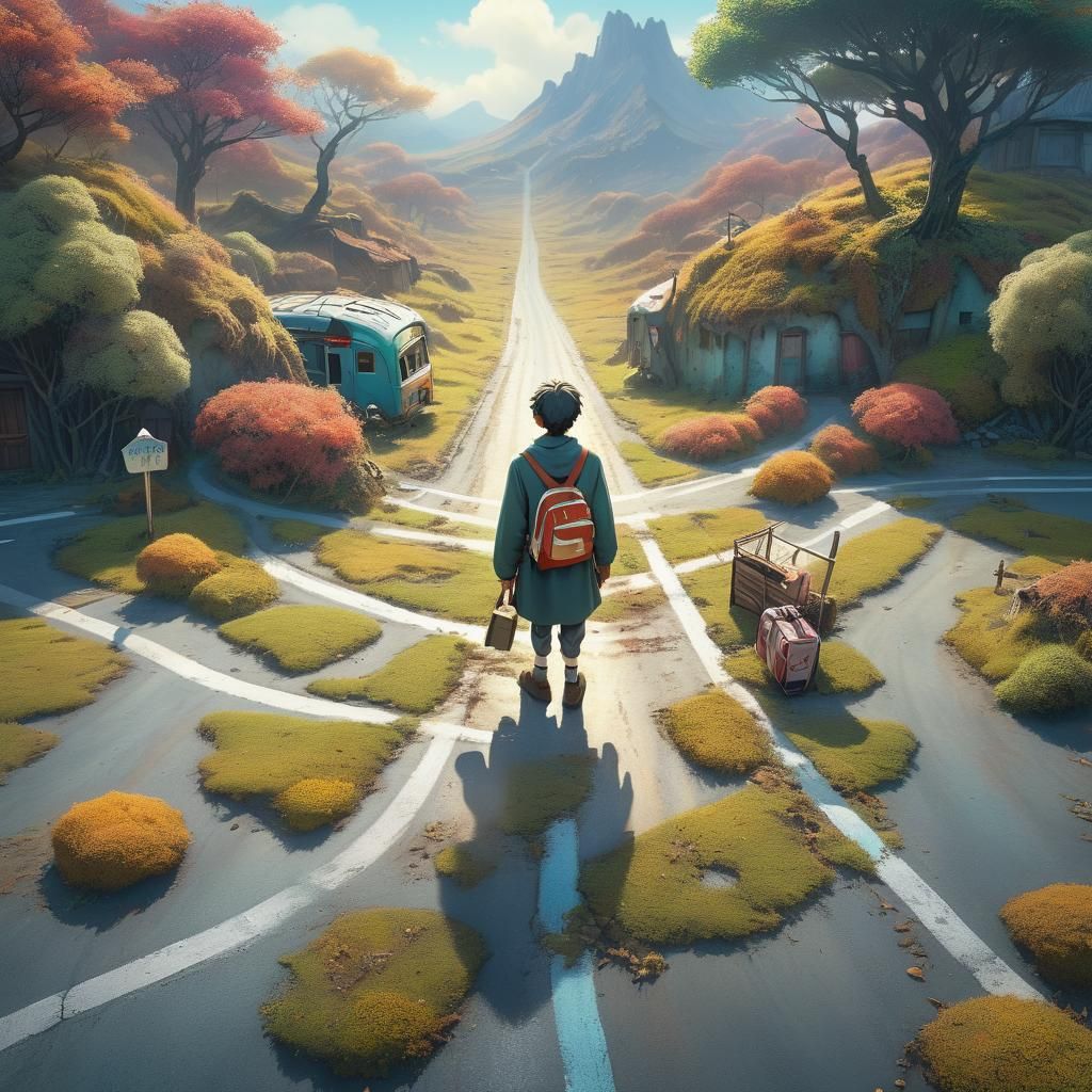 Lost Traveler at Crossroads in Miyazaki Style