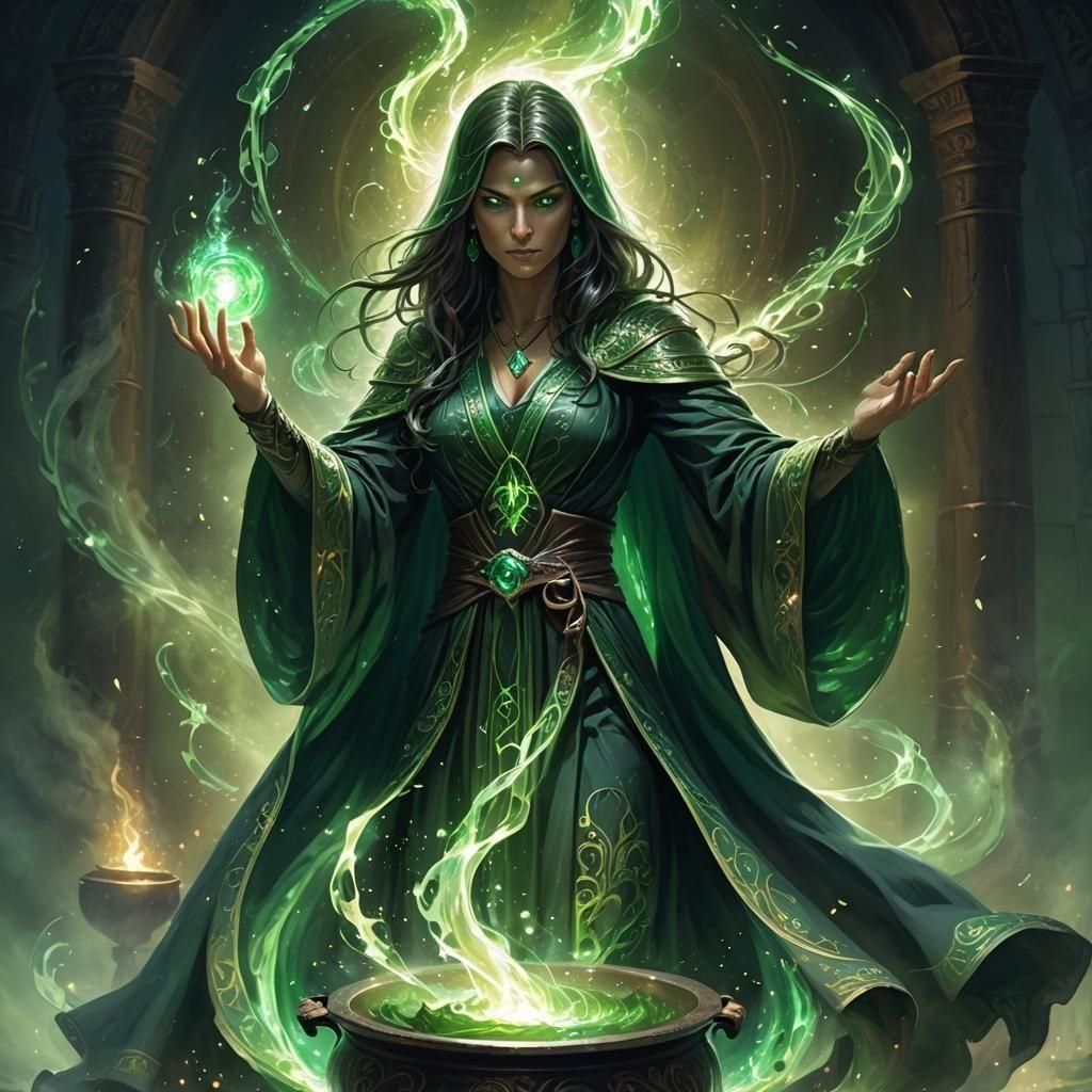 Powerful Sorceress at Cauldron with Glowing Hands