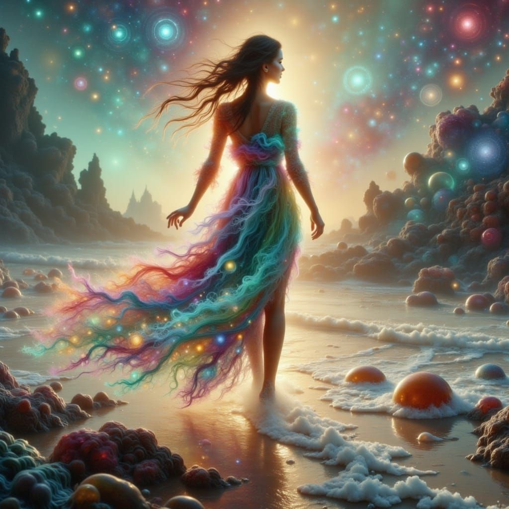 A lightly dressed woman walking on a beach, ethereal.<lora:A...