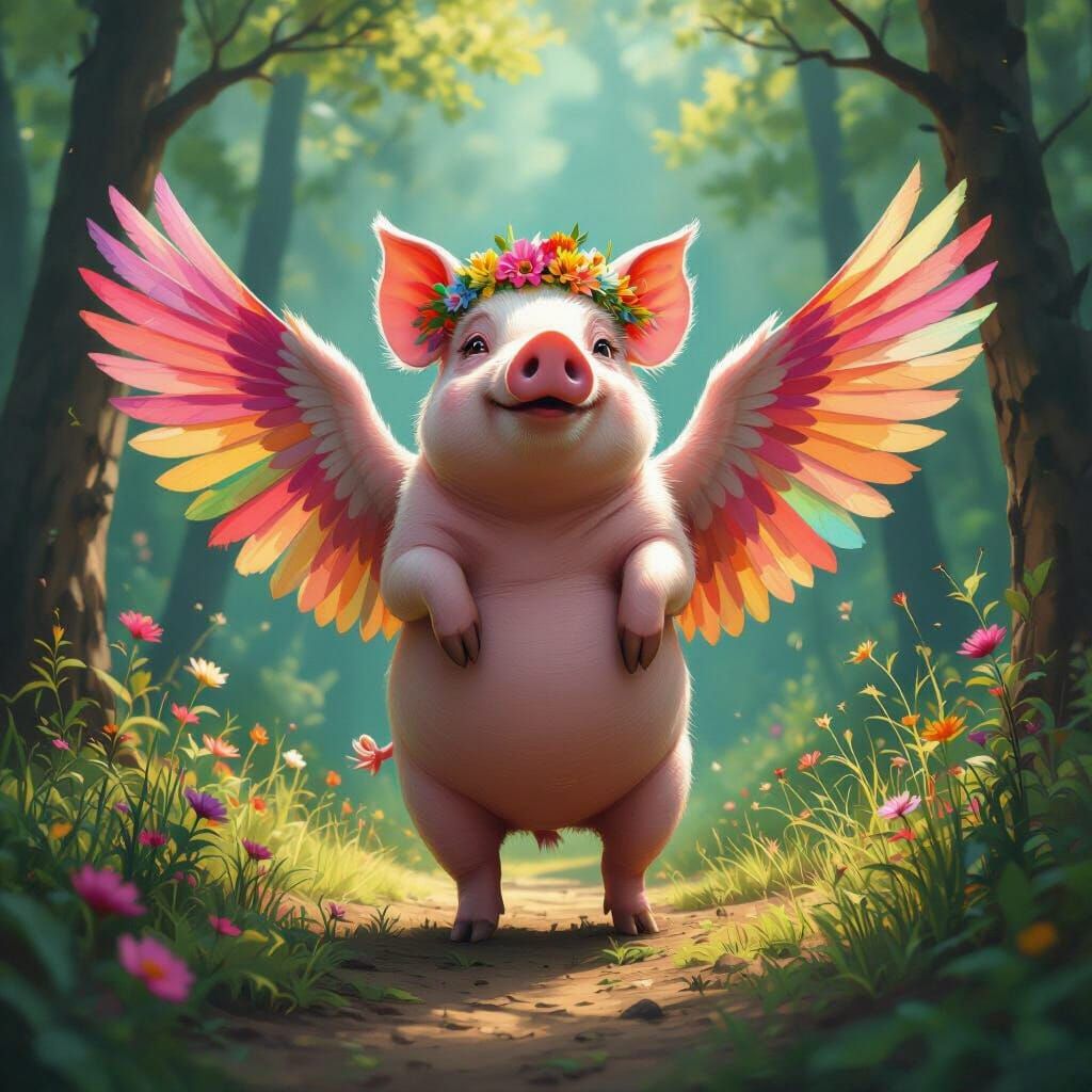 Anthropomorphic Pig with Wings in Dreamy Forest