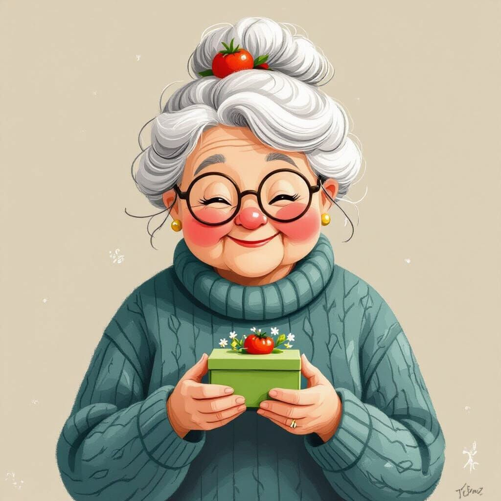Charming Grandmother with Tomato Bun in Digital Colored Penc...