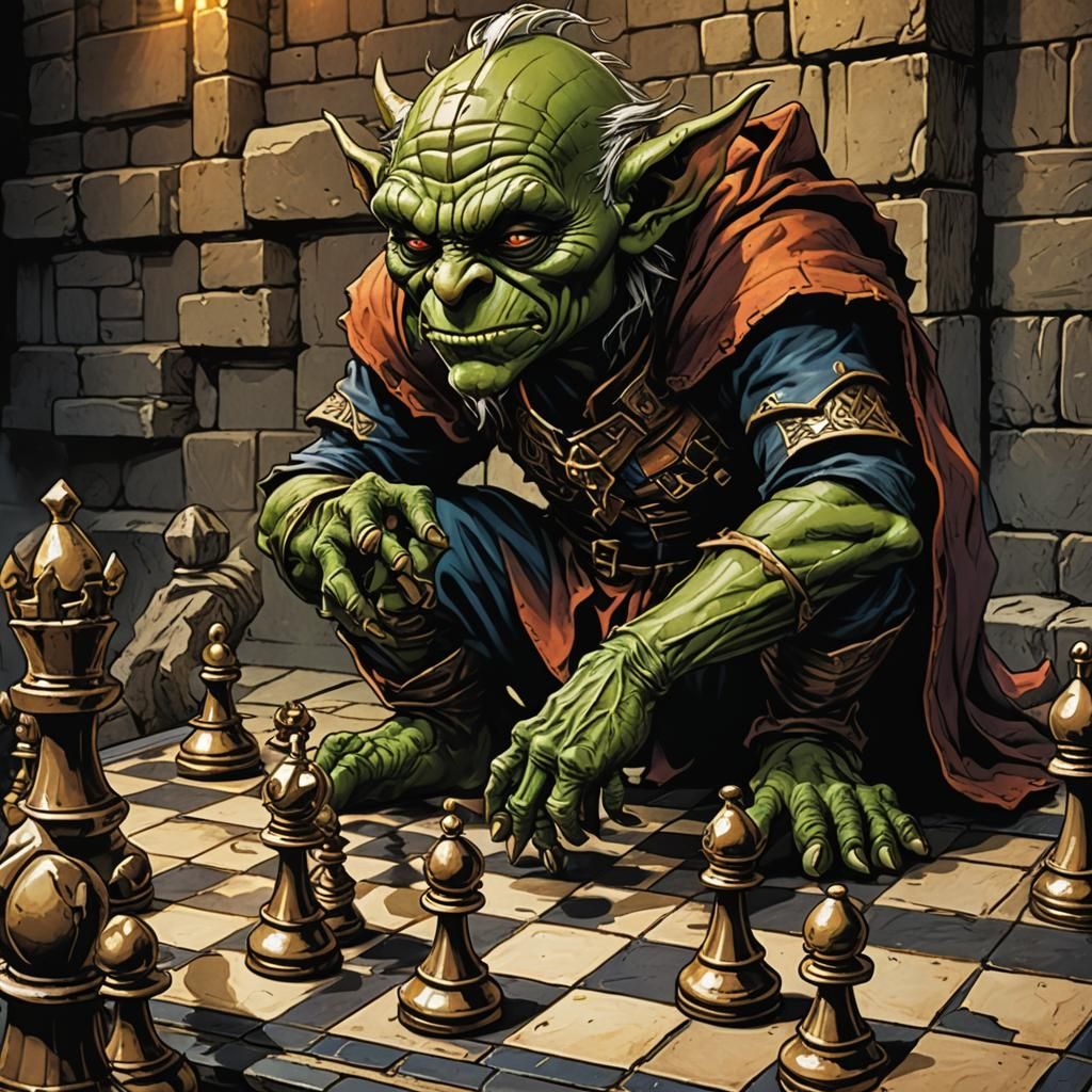 Goblin Chess Match in Dark Fantasy Comic Style