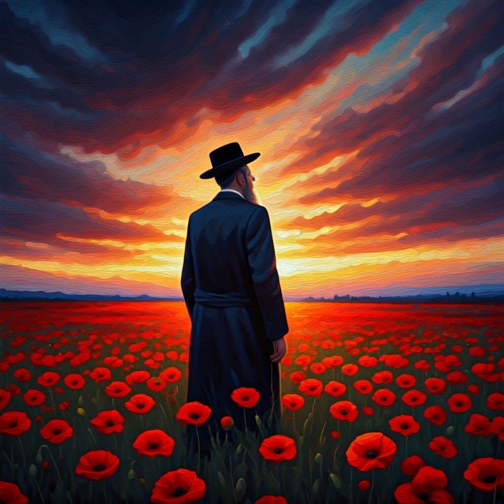 Devout Hasidic Jew Contemplates Vibrant Poppies at Dawn