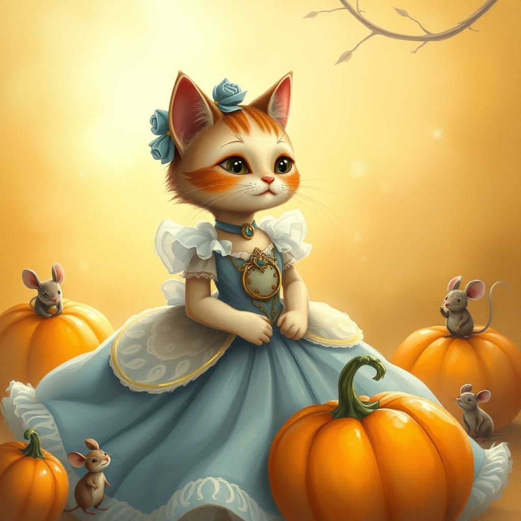 Whimsical Feline in Enchanted Cinderella Ballgown