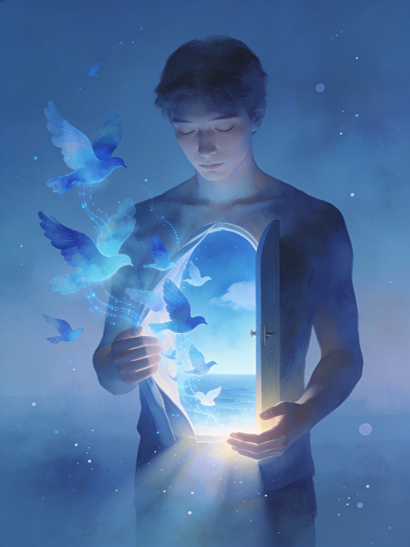 Serene Figure Releasing Birds of Light from Chest