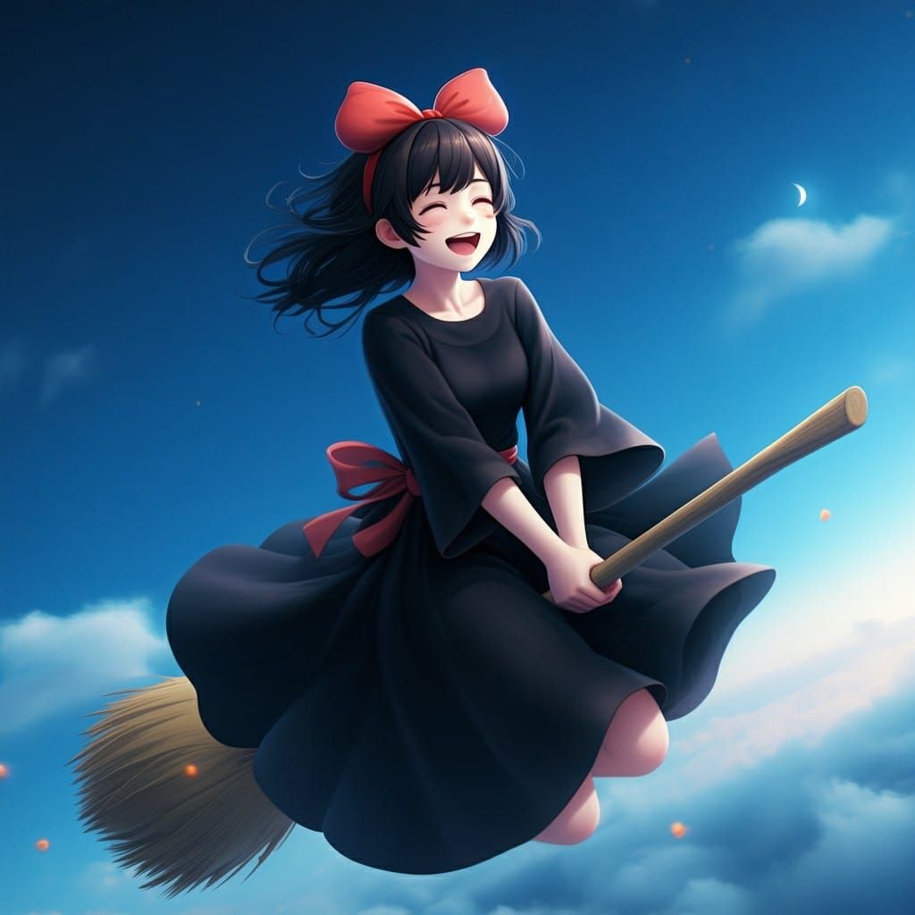 Energetic Witch Flying Through Cerulean Sky