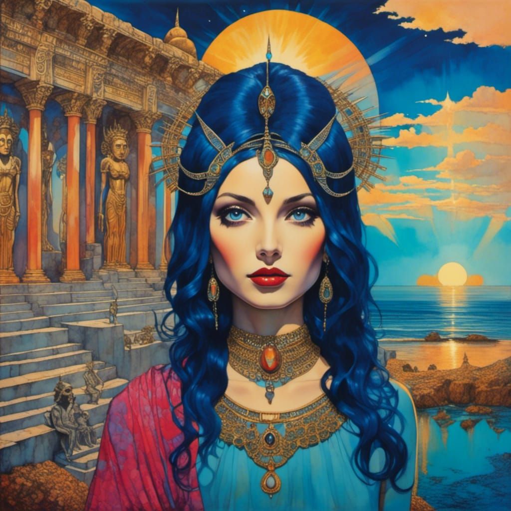 Seaside Temple in Surreal Risograph Style