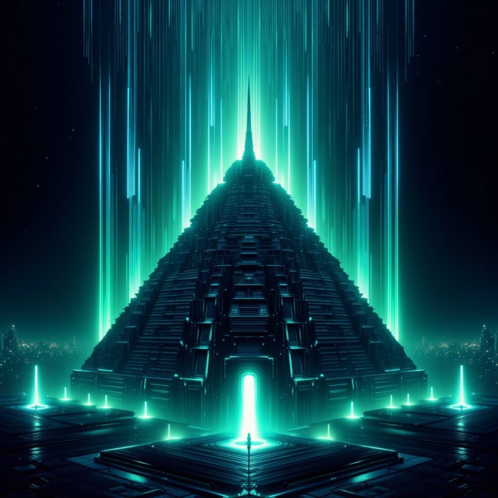 Cyberpunk Pyramid Bathed in Binary Rain