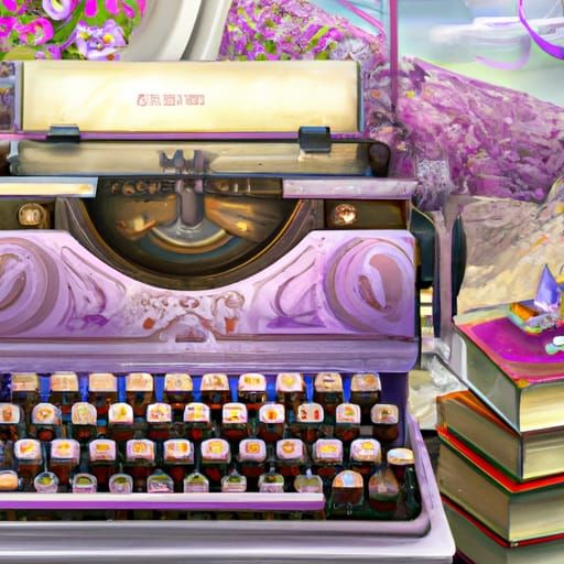 Ethereal Victorian Typewriter Scene in Airbrush Art Style
