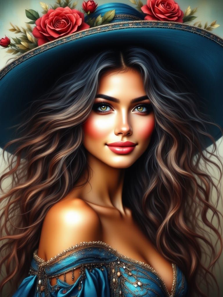 The hat completes the style.