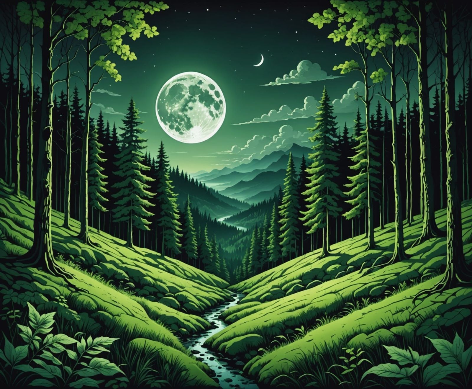 Surreal Night Forest Under Silver Moonlight