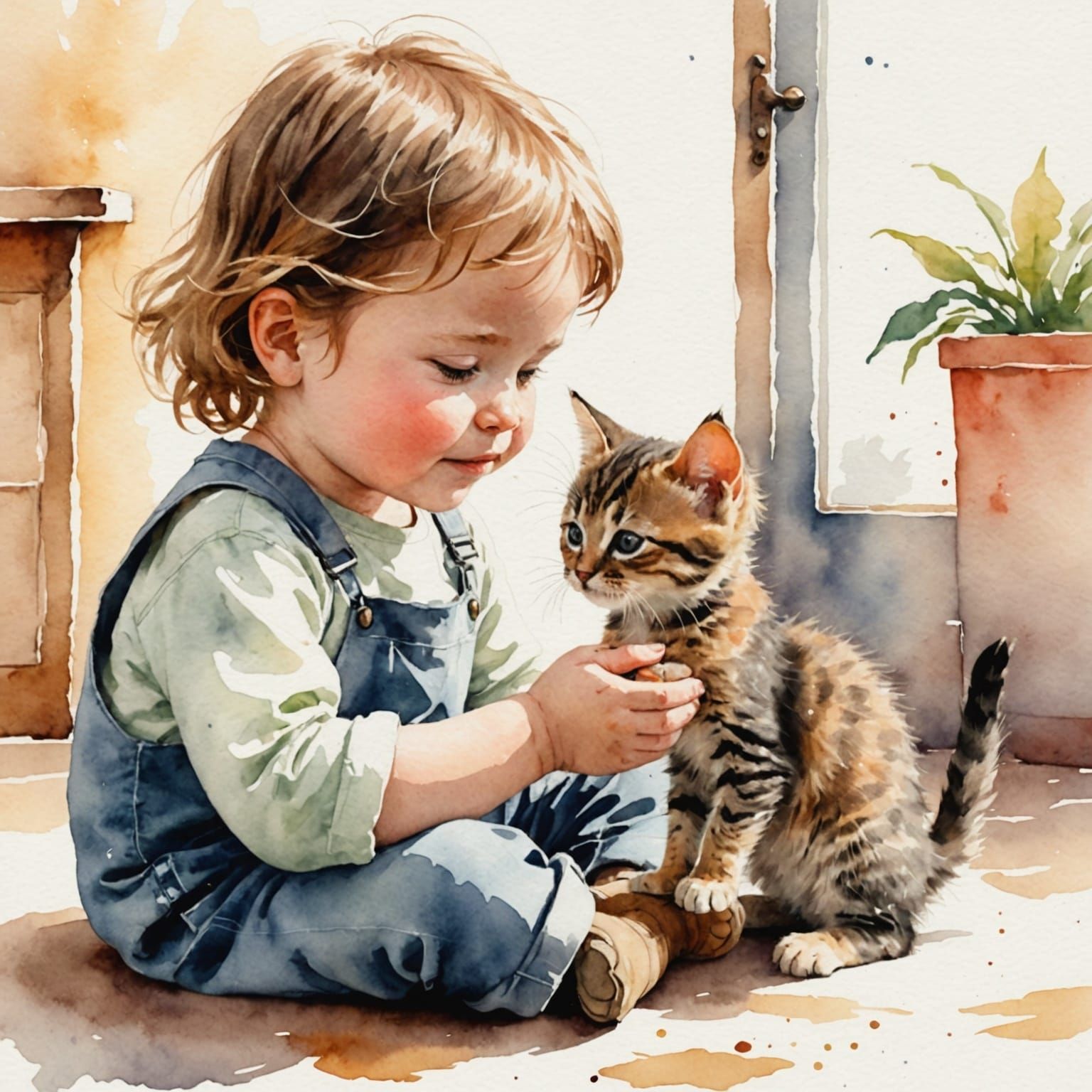 Child and Kitten Playing in Watercolor Style