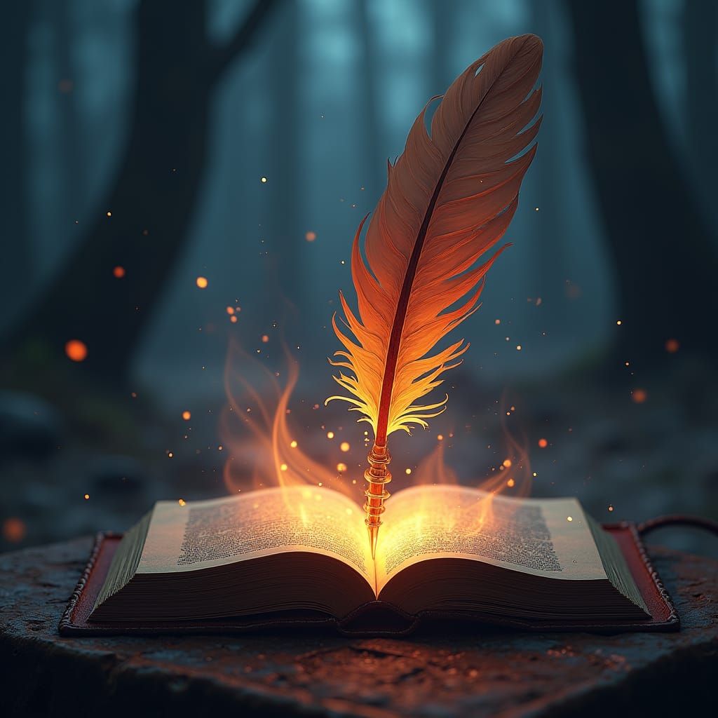 Mystical Quill Above Ancient Tome in Dark Fantasy Art