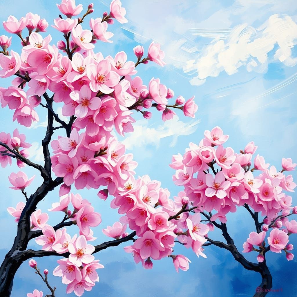 Serene Cherry Blossom Landscape in Textured Gouache Style