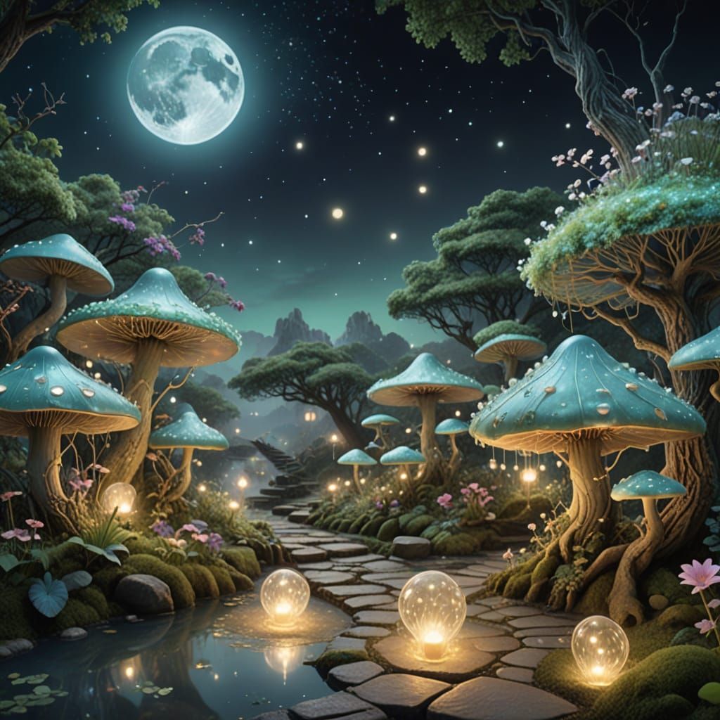 "A magical fairy garden at twilight illuminated by delicate twinkling fairy lights strung between ancient gnarled oak tr...