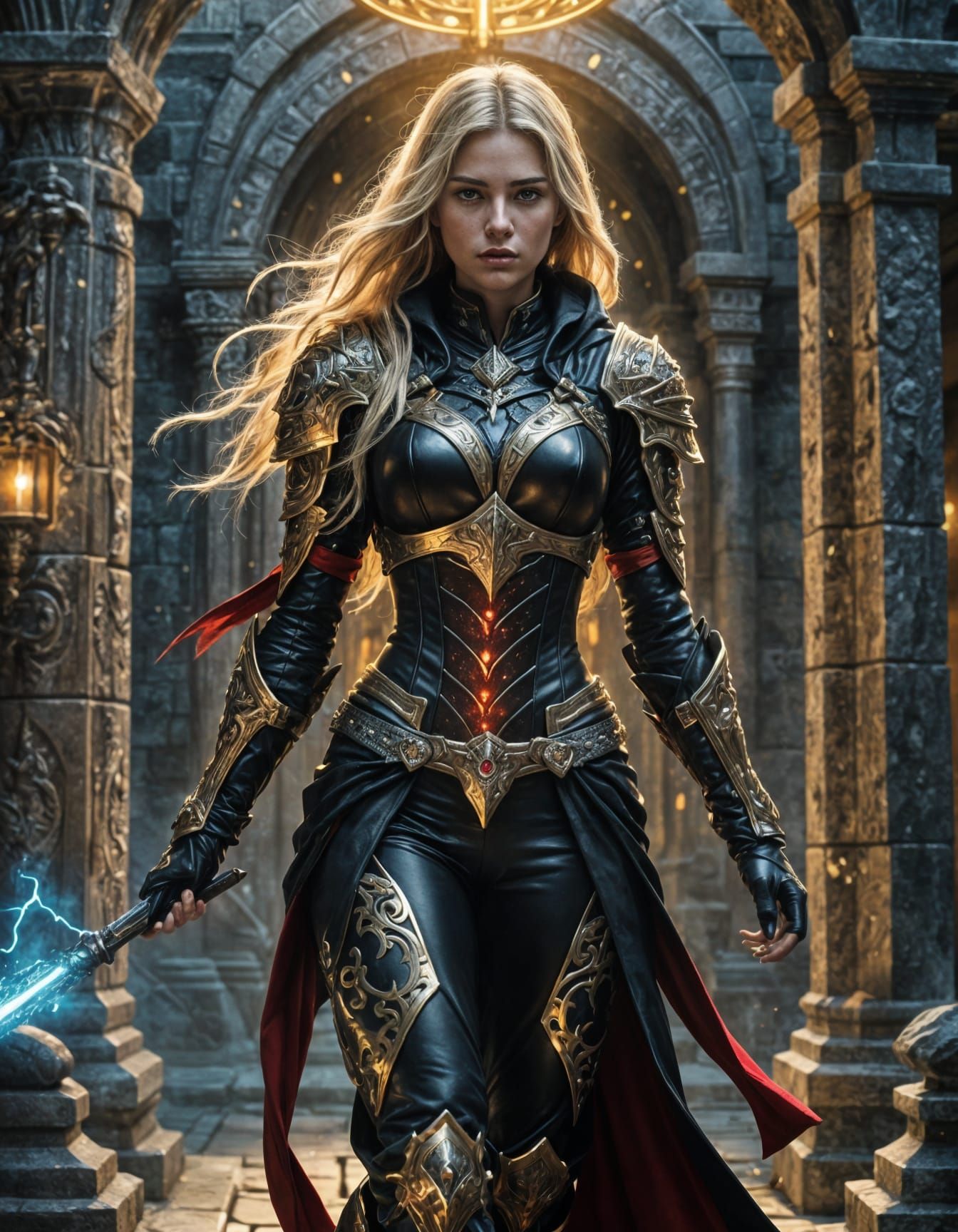 Blonde Assassin in Cold Stone Temple: Digital Art