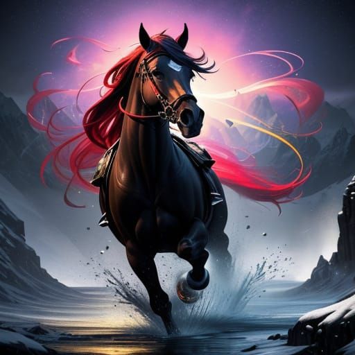 Red Horse Puzzle Galloping Through Alps in Concept Art Style