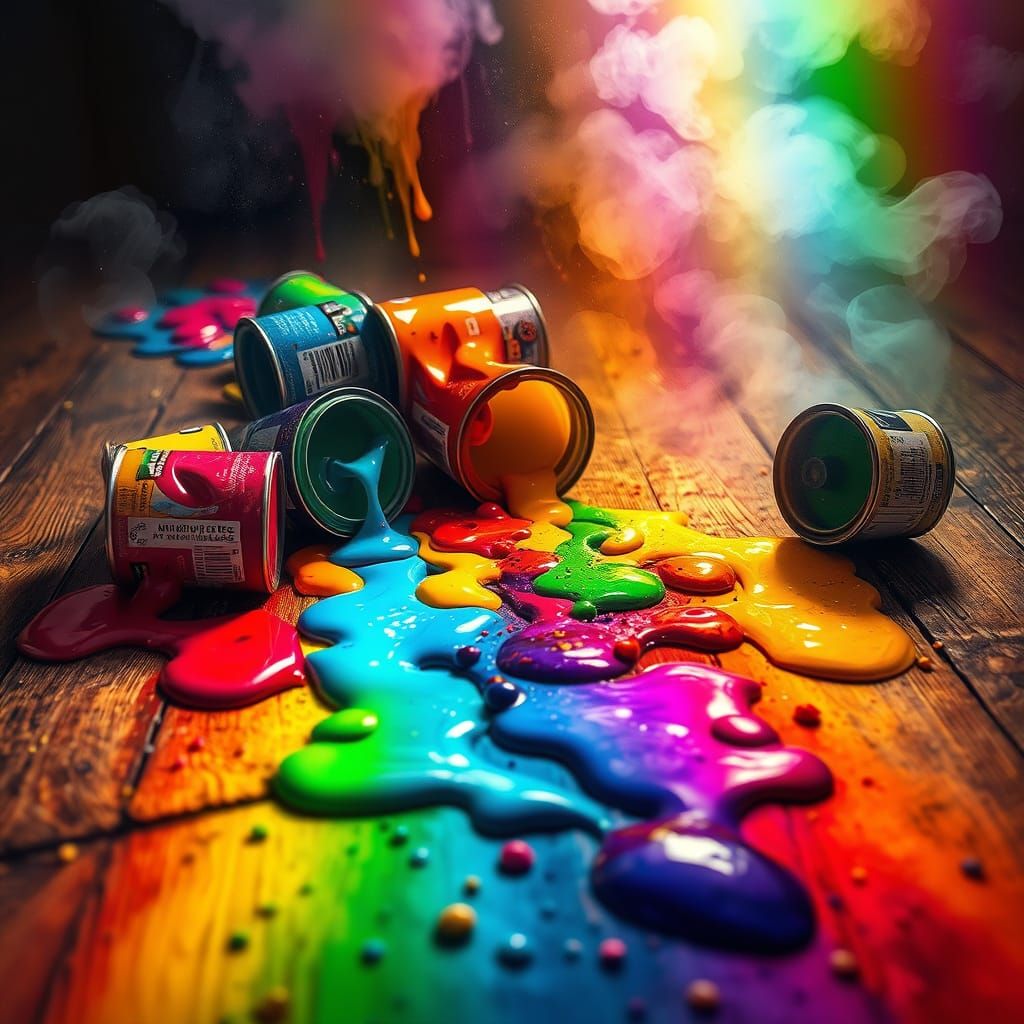 Vibrant Paint Cans in a Whimsical, Rainbow-Hued Mist