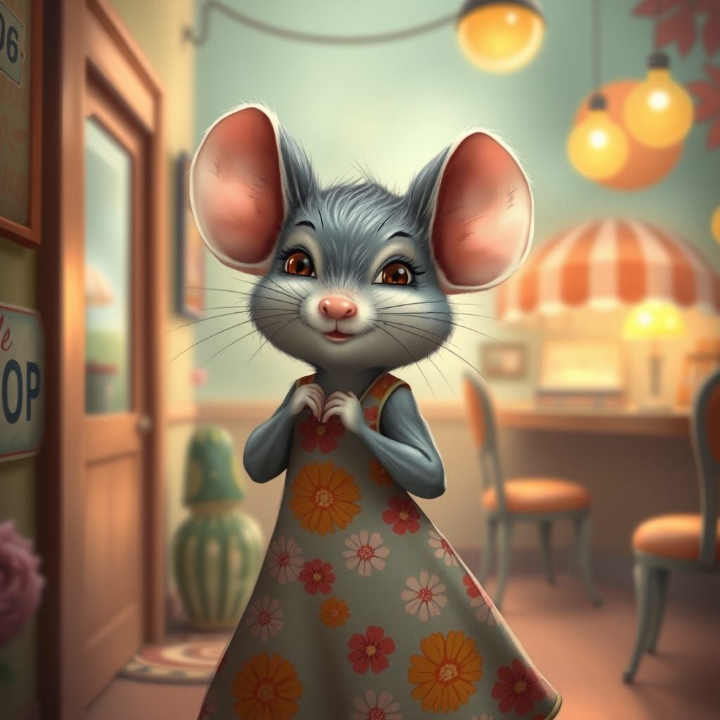 Mouse in Floral Dress, Vintage Pin-Up Style