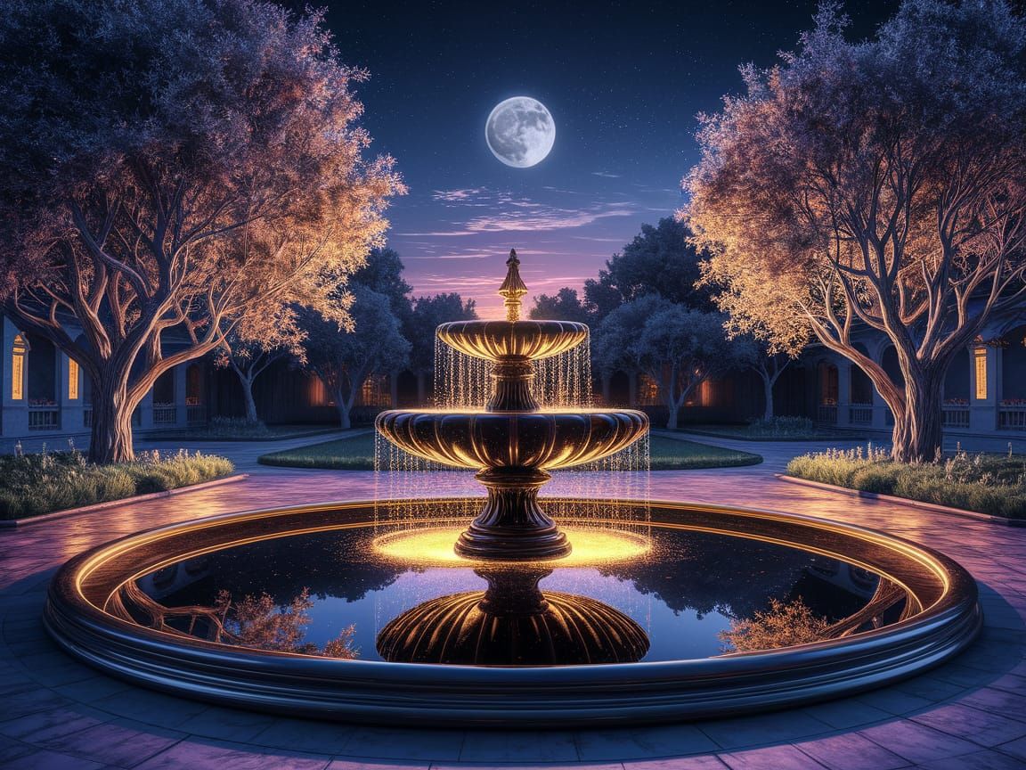 Moonlit Obsidian Fountain Reflecting Night Sky