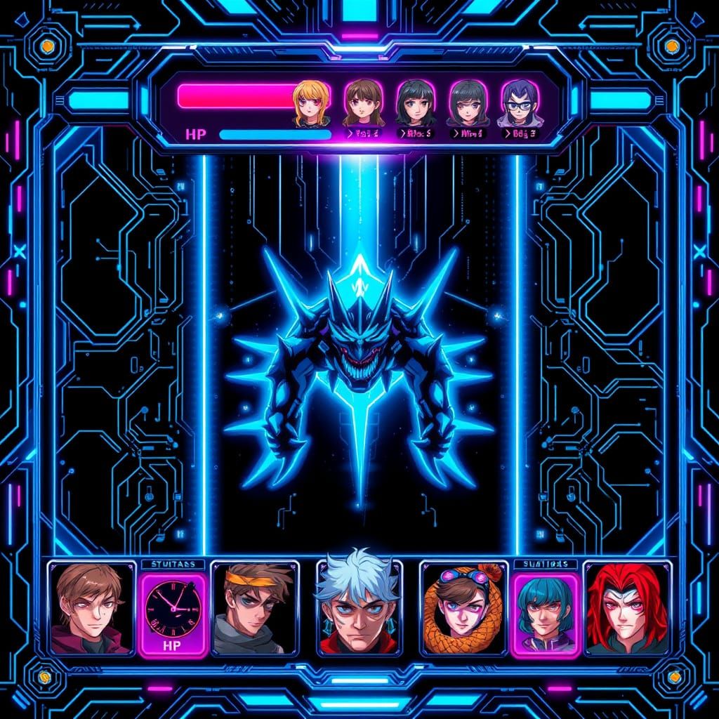 Cyberpunk Battle Screen in Futuristic JRPG Style
