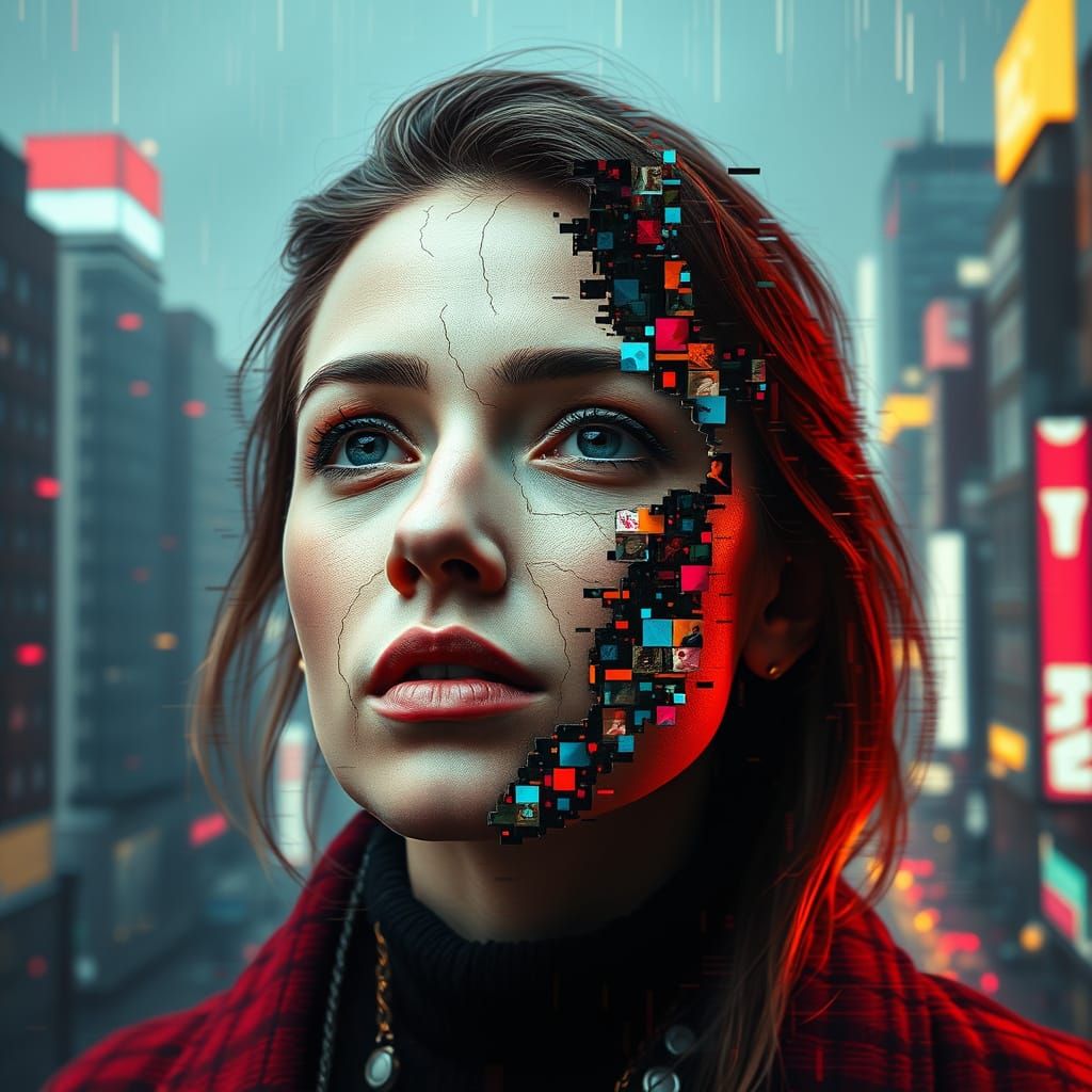 Fragmented Pixel Portrait in Digital Art Style