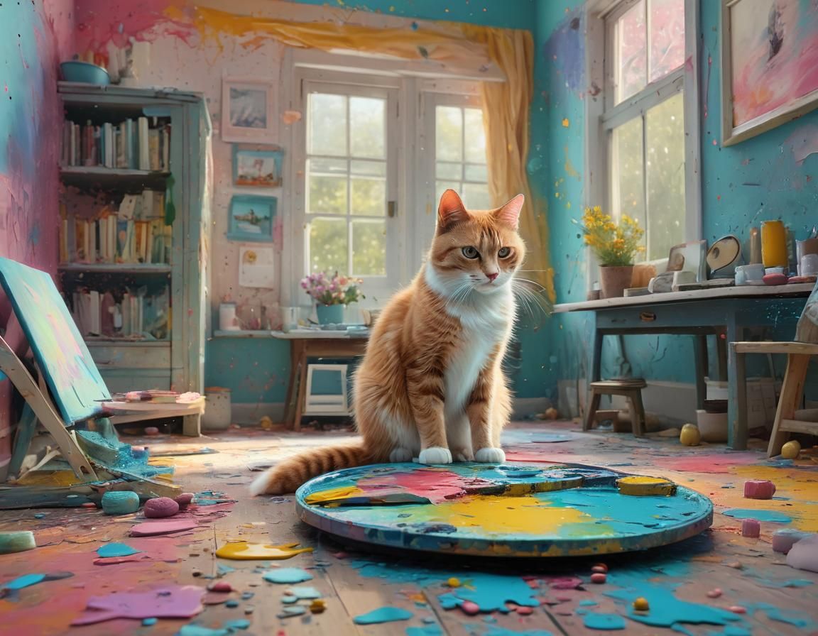 Whimsical Cat in Colorful Art Room