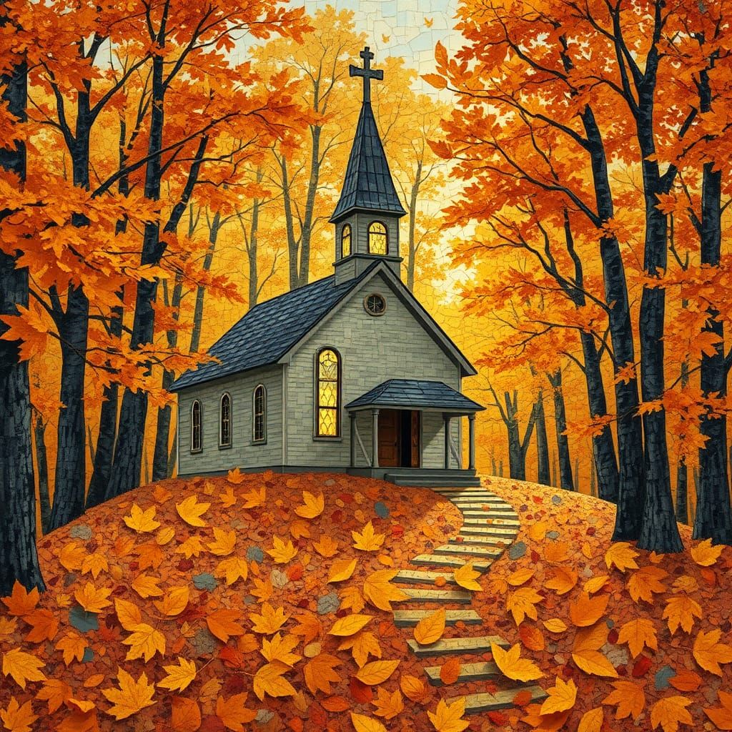 Autumn Mosaic Church in Collage Style