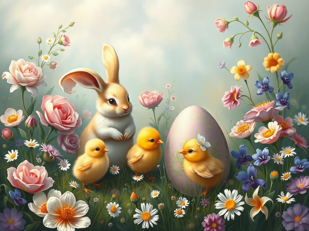 Whimsical Easter Bunnies and Chicks in Renaissance Style