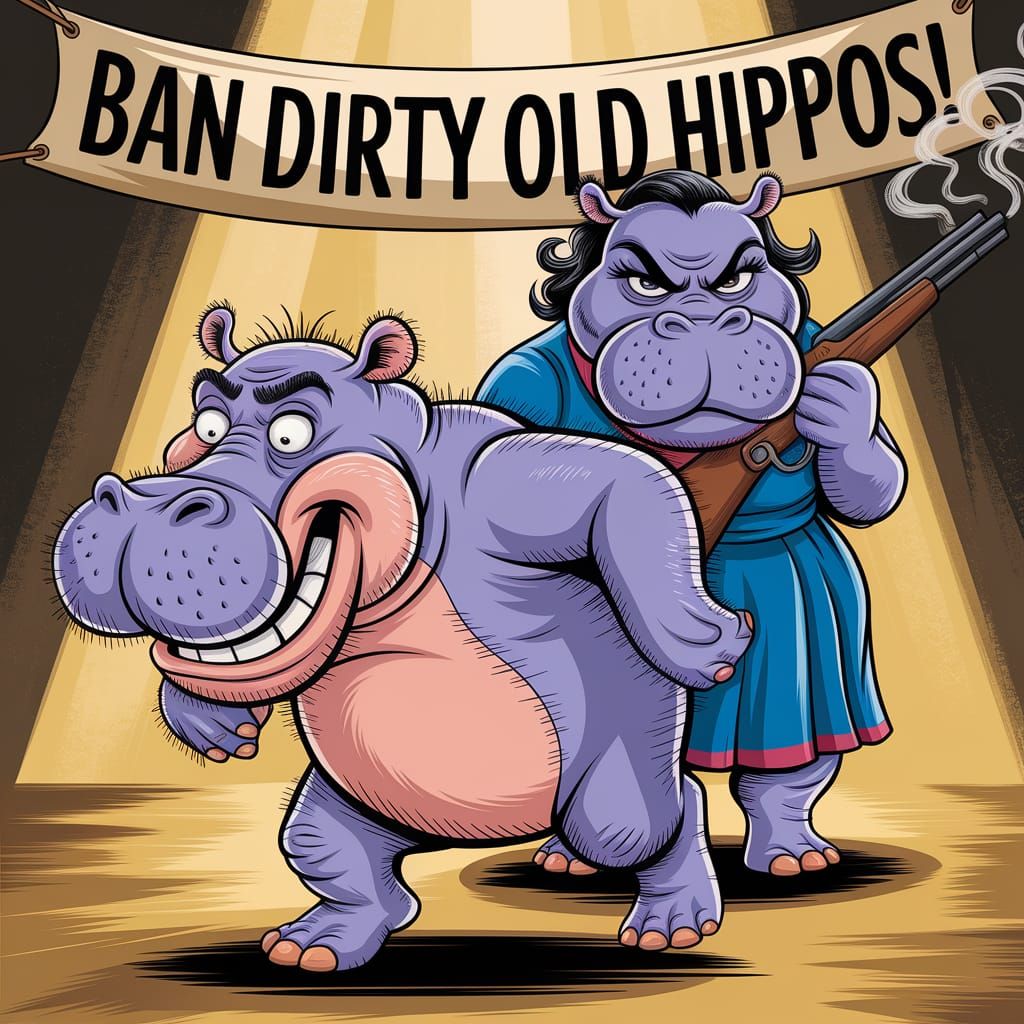 Scruffy Hippo Running from Blunderbuss in Gouache Painting