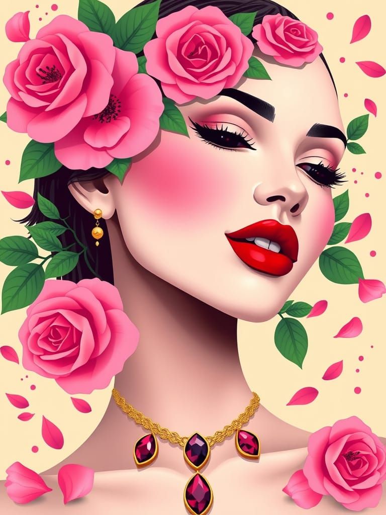 Whimsical Female Portrait in Vibrant Vector Art