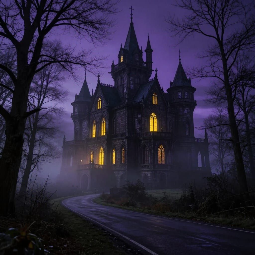 Gothic Victorian Castle in Foggy Forest at Midnight