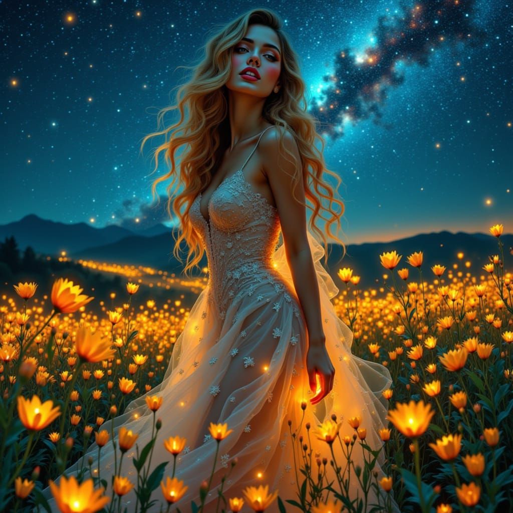 Woman in Bioluminescent Field: Vintage Japanese Style