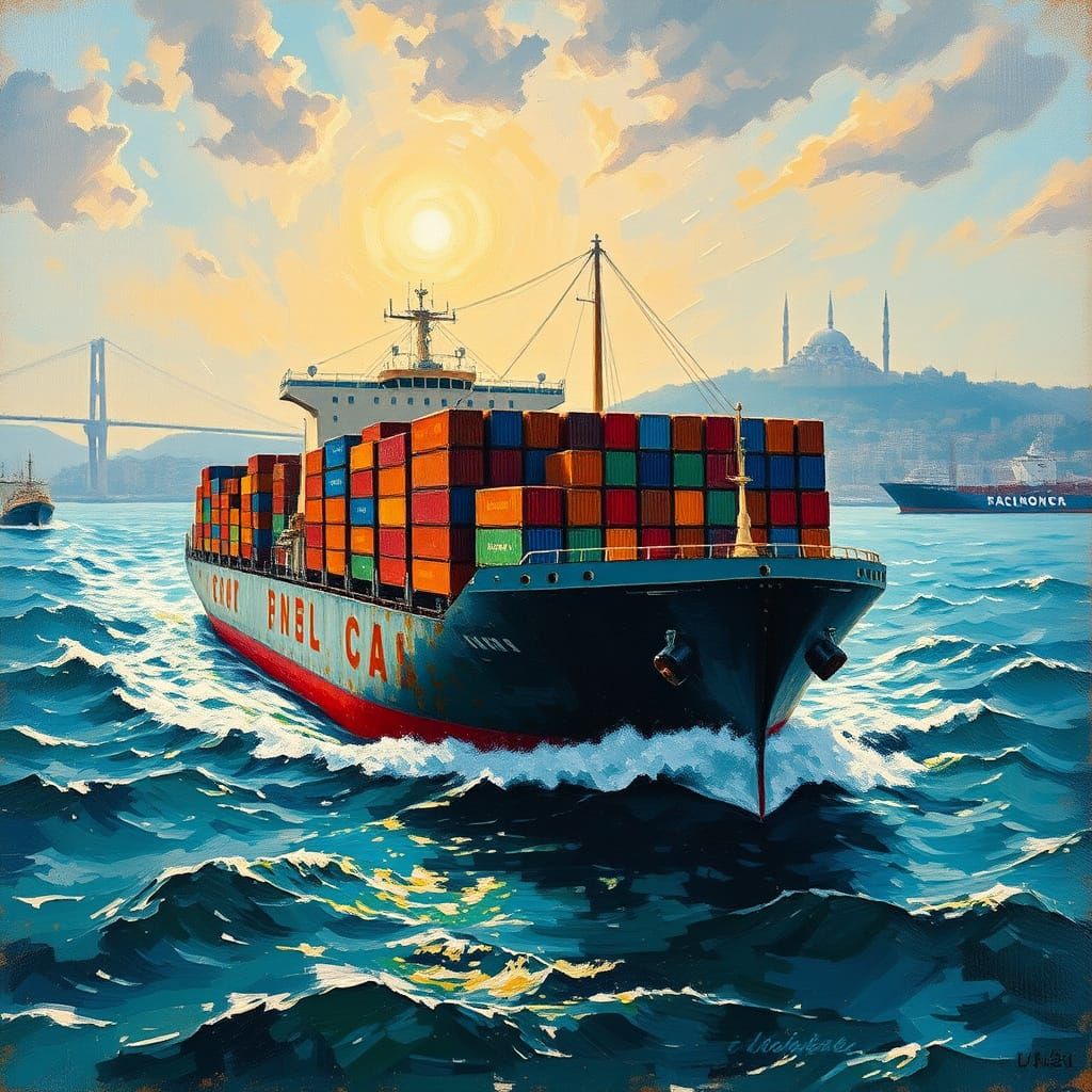 Majestic Container Ship on the Bosphorus in Neo-Impressionis...