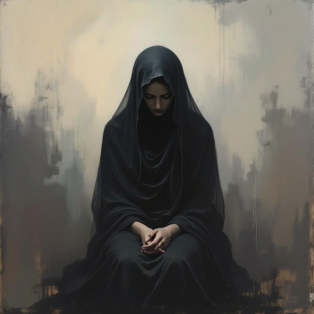 Contemplative Woman in Darkness, Somber Abstract Art
