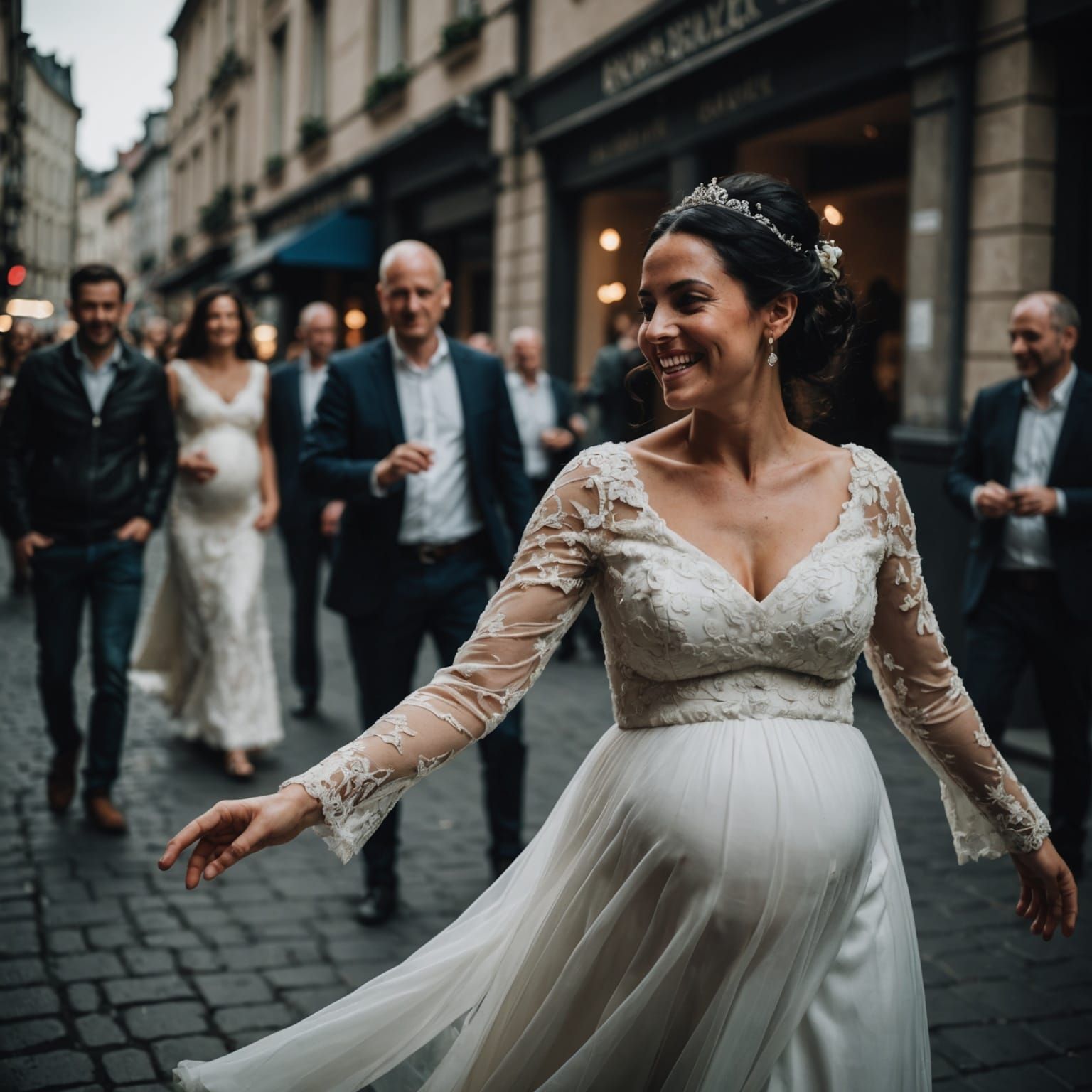 Joyful Pregnant Bride Dancing in Street Photo