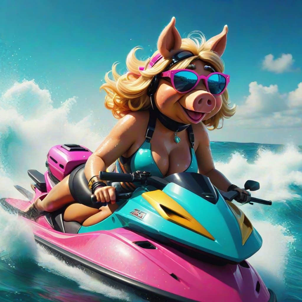 Miss Piggy, the girl pig from the muppet show, drives a jet ski across the ocean
