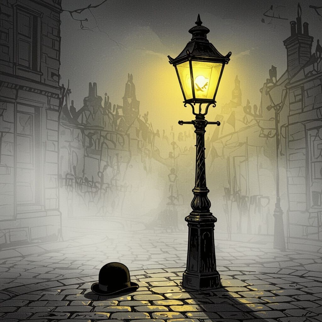 Grumpy Streetlamp on Foggy Cobblestone Street