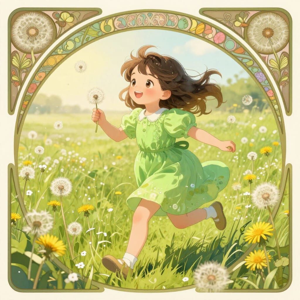 Anime Girl in Meadow, Art Nouveau Style