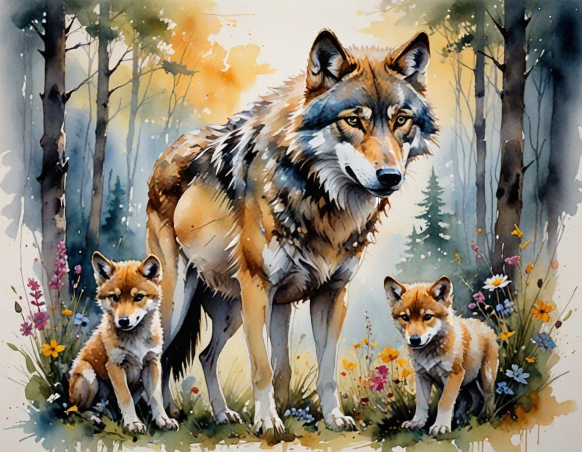 She-Wolf and Cubs in Dawn Light, Watercolour Style