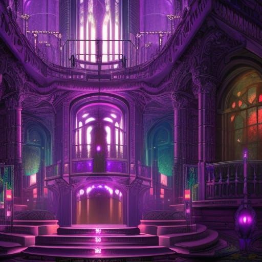 Cyberpunk Castle Living Room with Sapphire Apparitions