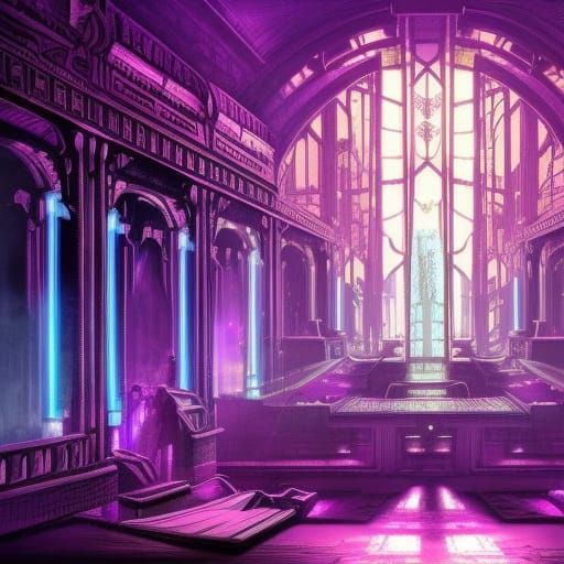 Cyberpunk Castle Living Room in Doré Style