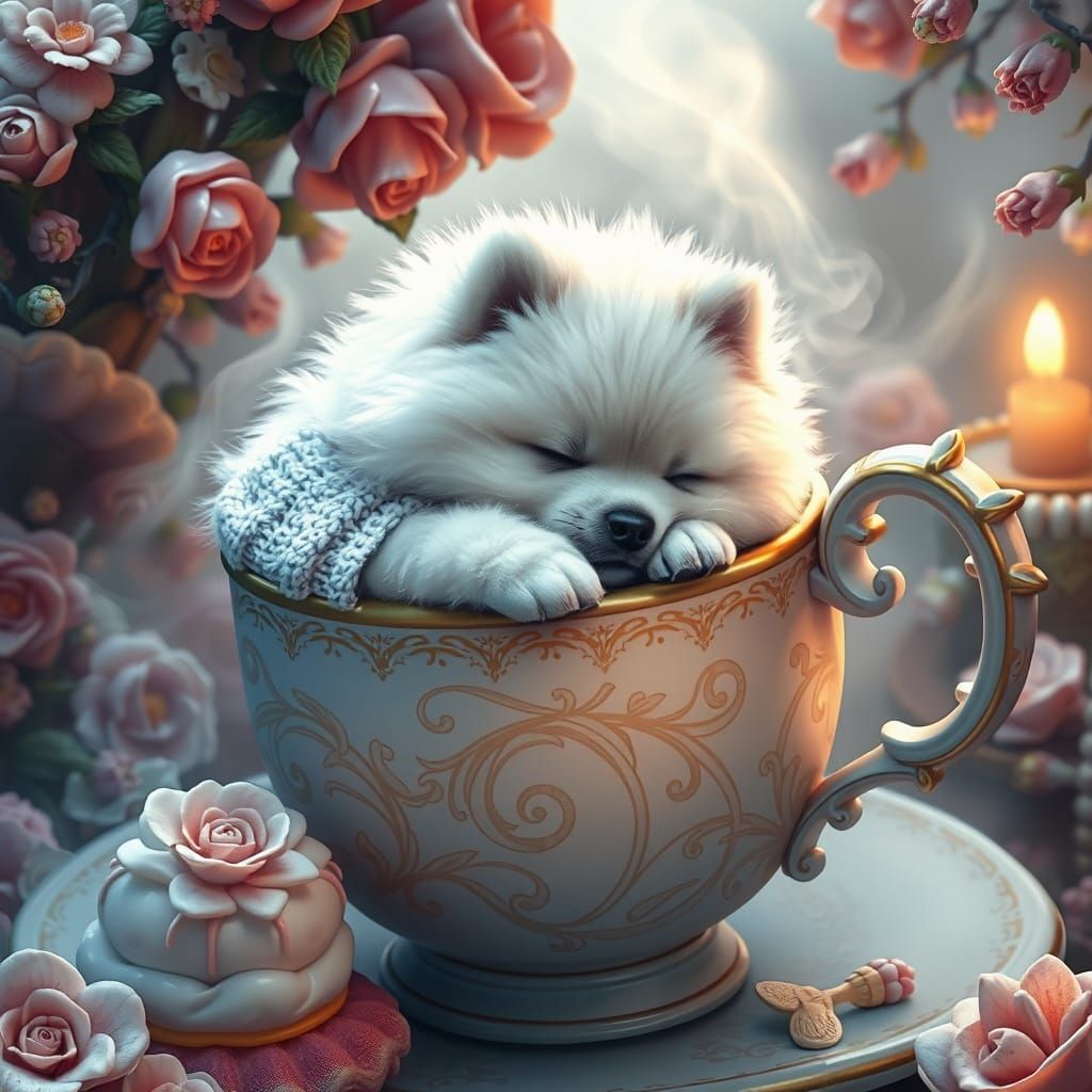 Whimsical Puppy in Teacup Wonderland