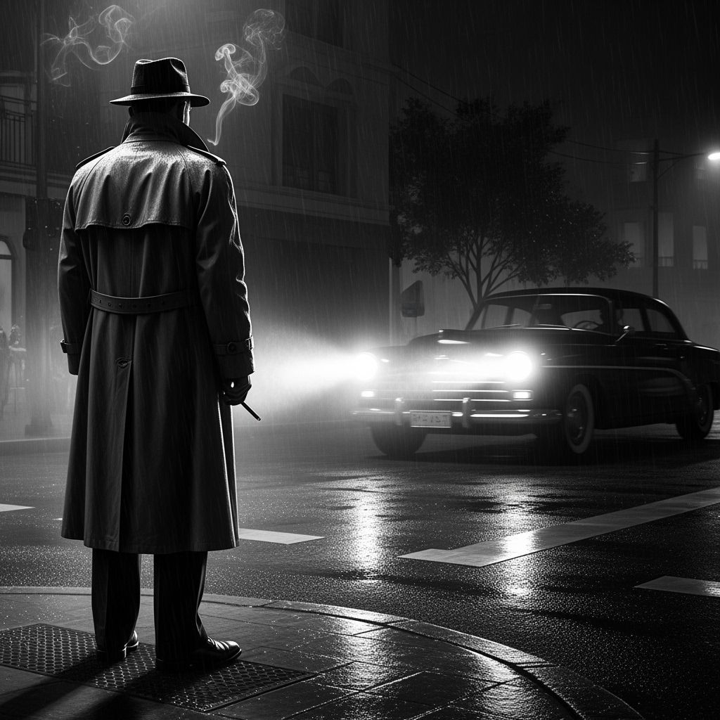 Gritty Film Noir Detective in Rain-Slicked City