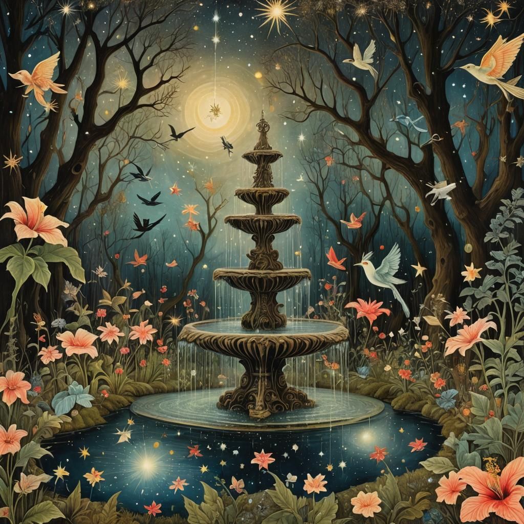 Surreal Cyborg Bird Fountain in Starry Forest